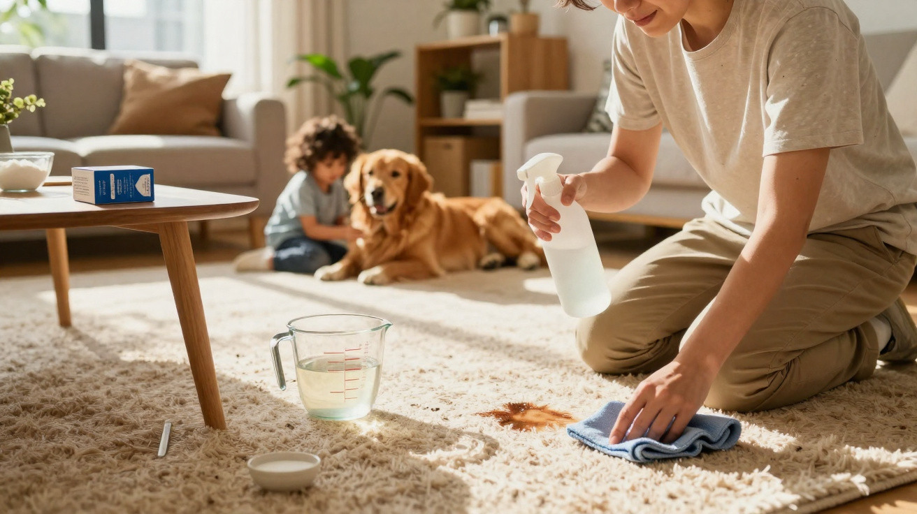 Pessoa limpando mancha no tapete enquanto criança e cachorro estão ao fundo na sala de estar.