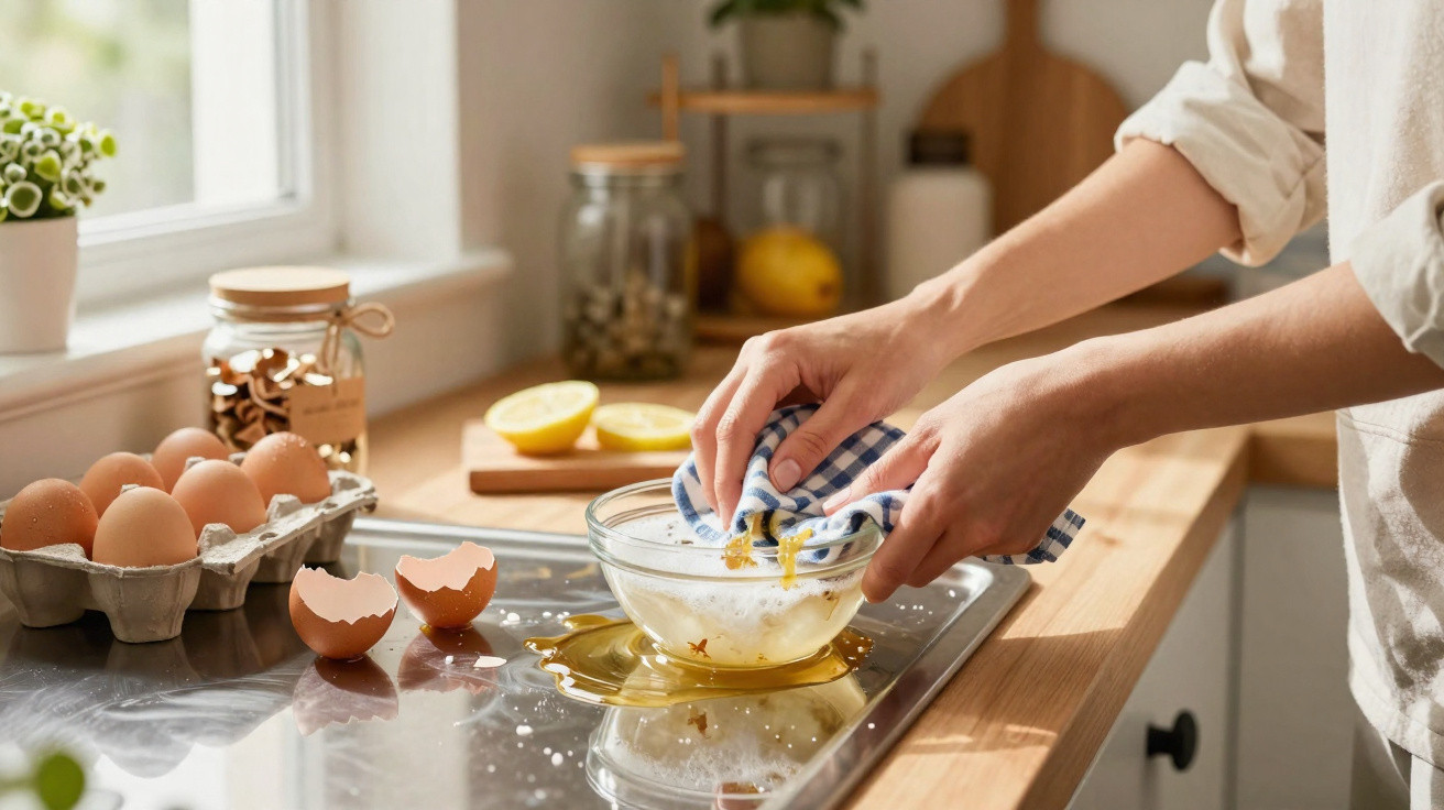 Mãos espremendo gema de ovo sobre tigela de vidro na cozinha com ovos e limões ao fundo.