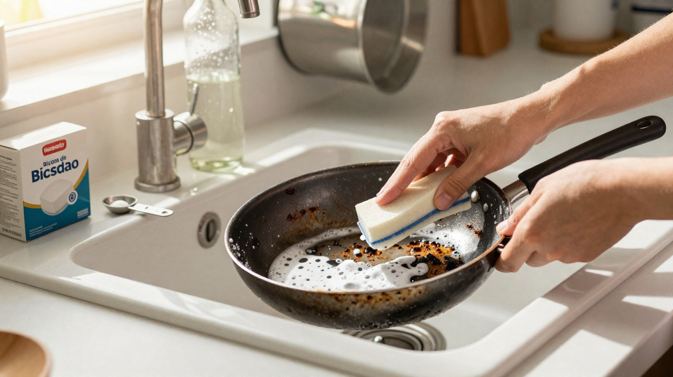 Pessoa lavando frigideira queimada com esponja branca e detergente na pia da cozinha.