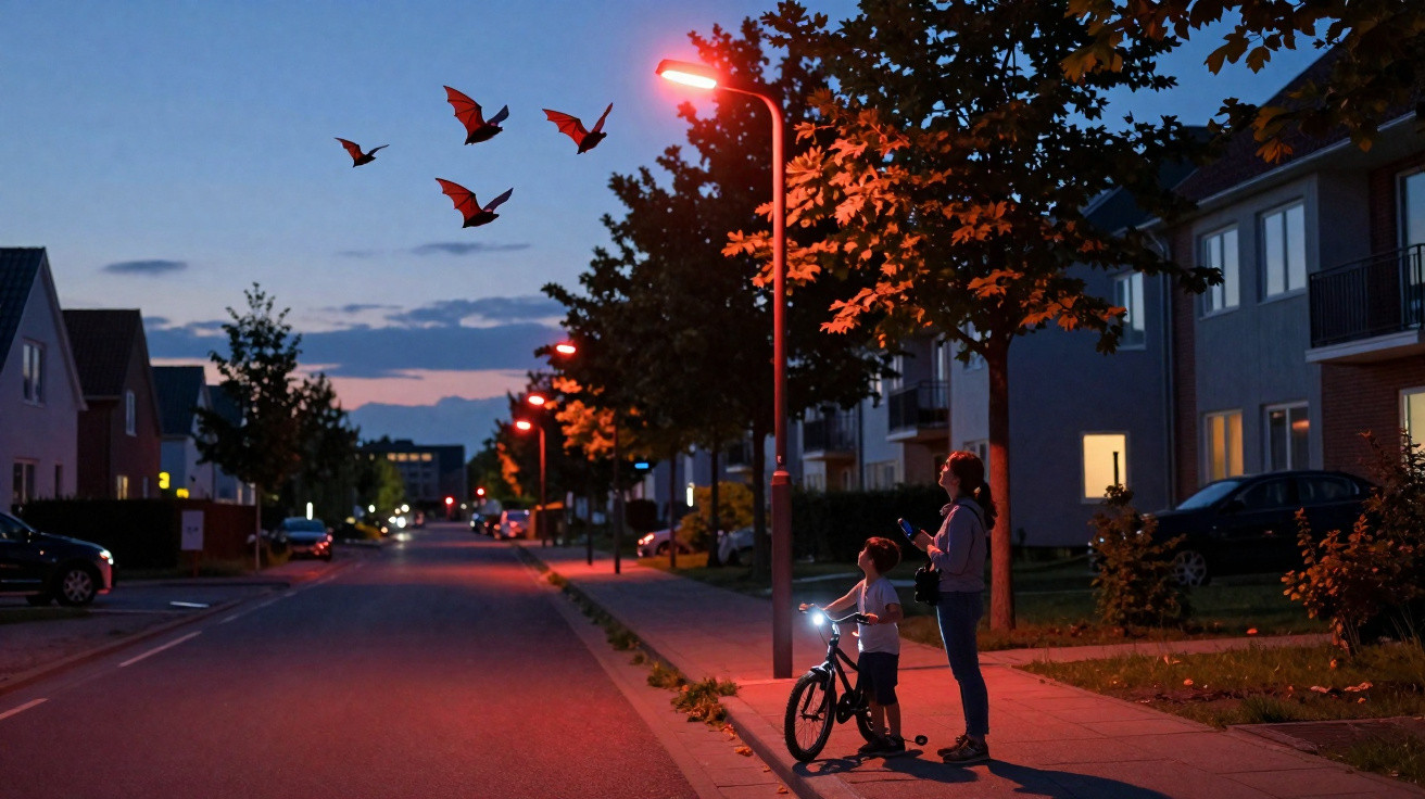 Criança com bicicleta e adulto observam morcegos voando ao entardecer em bairro residencial iluminado.