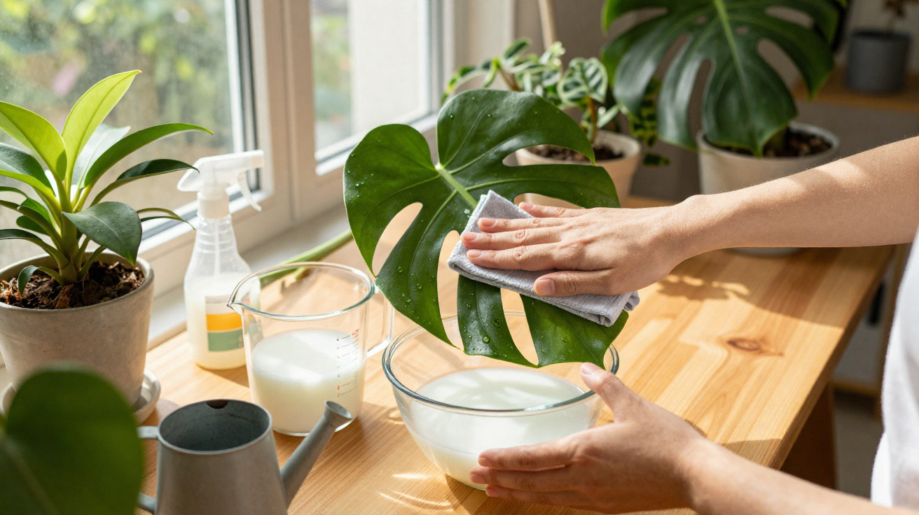 Mãos limpando folha de costela-de-adão com pano úmido sobre mesa com plantas e regador.