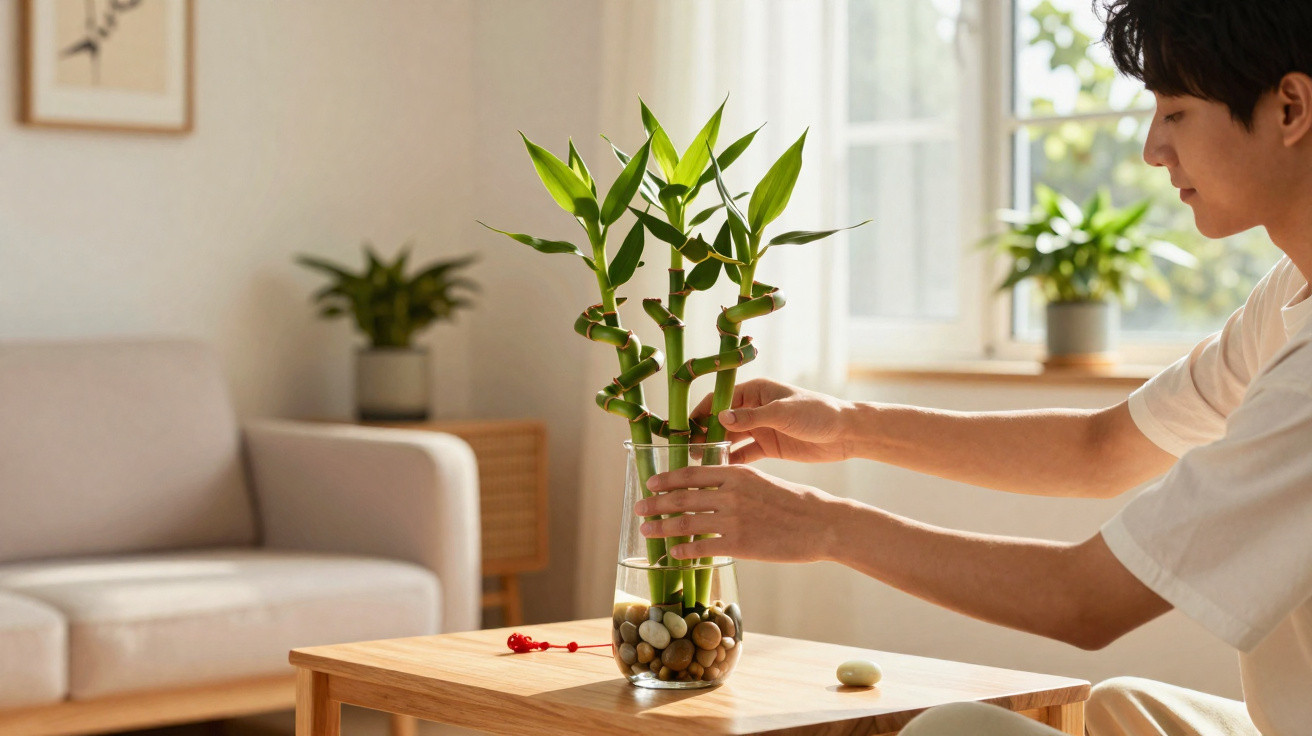 Pessoa arrumando planta de bambu da sorte em vaso de vidro com pedras em sala iluminada.