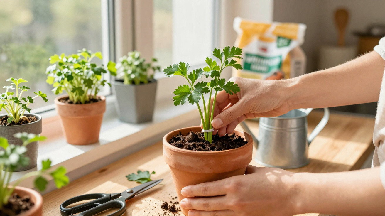 Mãos ajustando planta de salsa em vaso de barro próximo a janela com outras plantas em vasos variados.