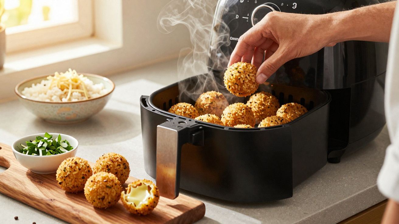 Mão retirando bolinhos crocantes de uma airfryer com vapores saindo, ao lado de tábua com bolinhos e tigelas.