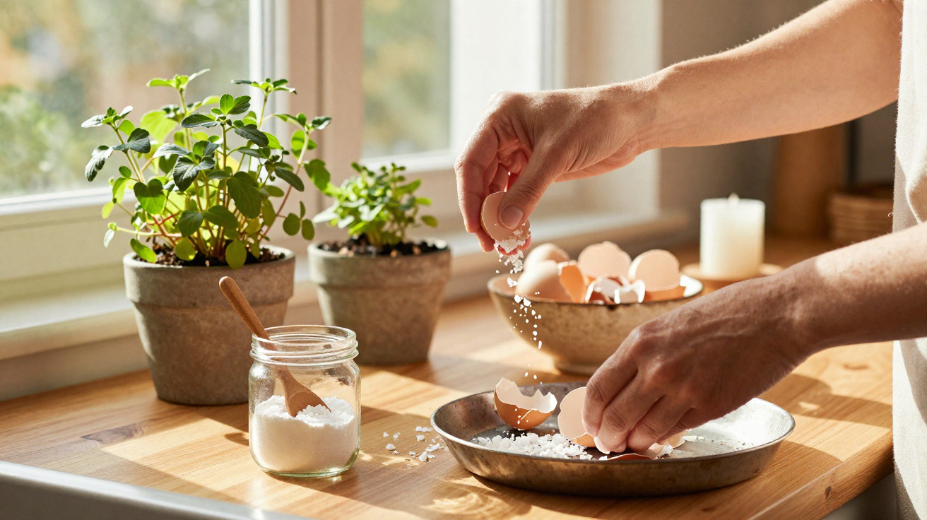 Pessoa quebrando ovos sobre uma bandeja, com potes de plantas e sal na bancada na luz do dia.