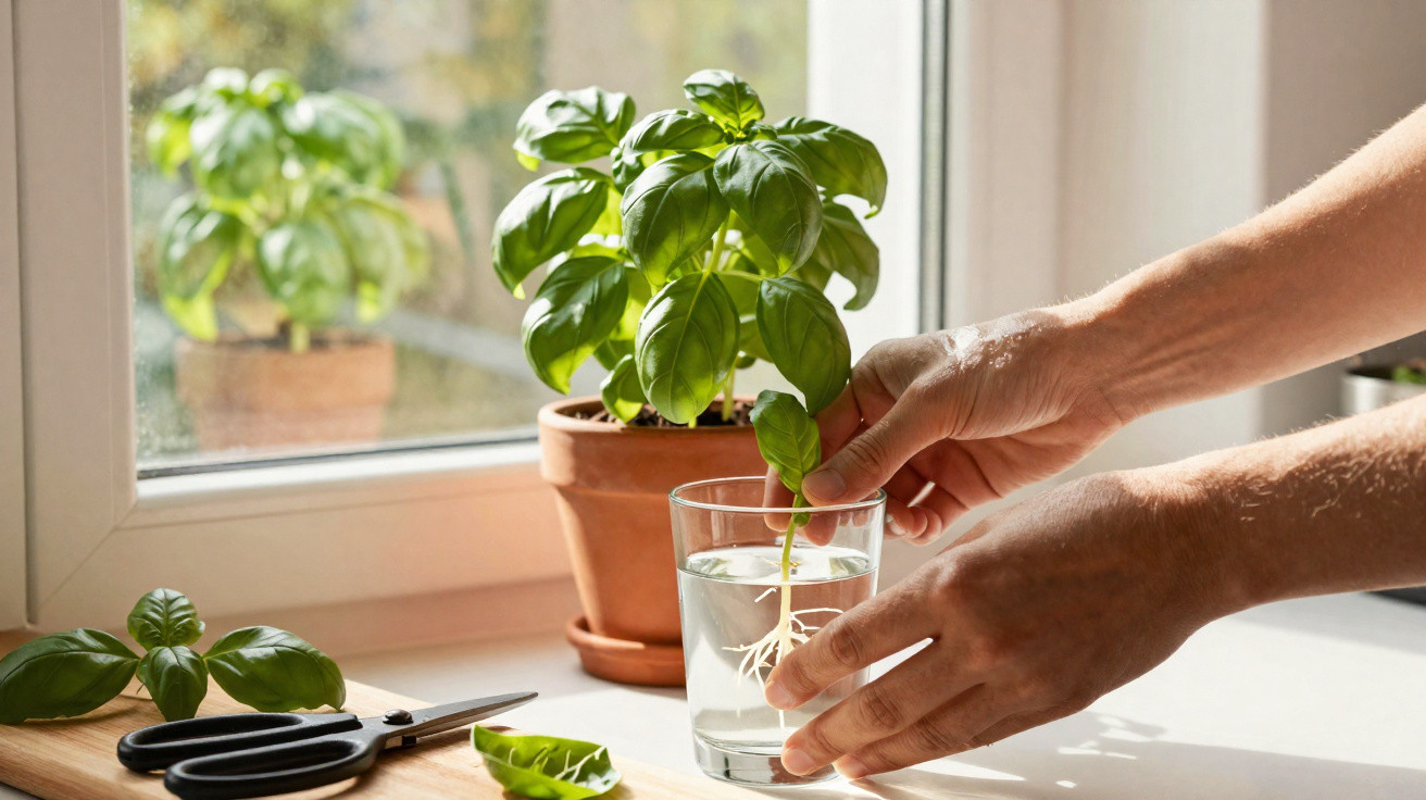 Mãos colocando mudas de manjericão com raízes em copo com água ao lado de vaso na janela.