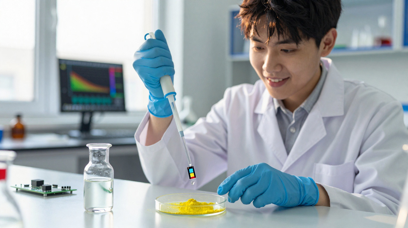 Jovem cientista em jaleco e luvas usando pipeta para analisar substância amarela em placa de petri.