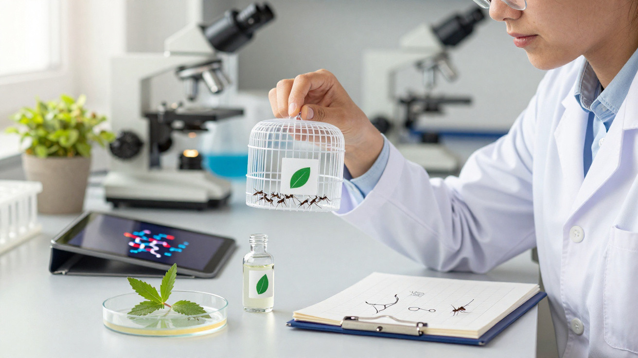 Pesquisadora em laboratório analisa formigas em cúpula transparente com símbolos de folha verde.
