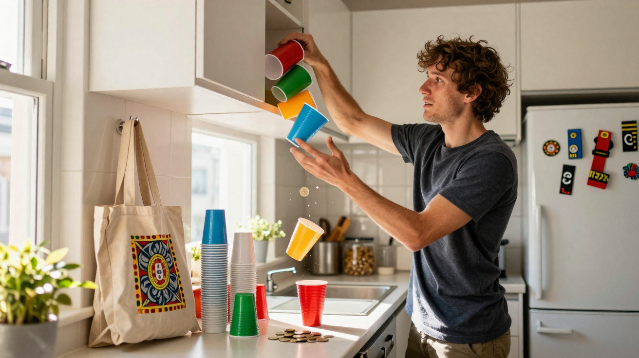 Homem derramando vários copos coloridos em uma cozinha iluminada.