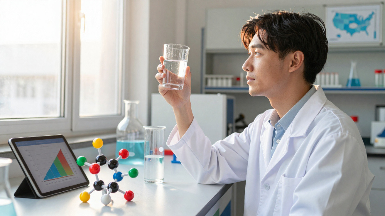 Cientista em laboratório analisando um copo com líquido transparente, com modelo molecular e tablet ao lado.