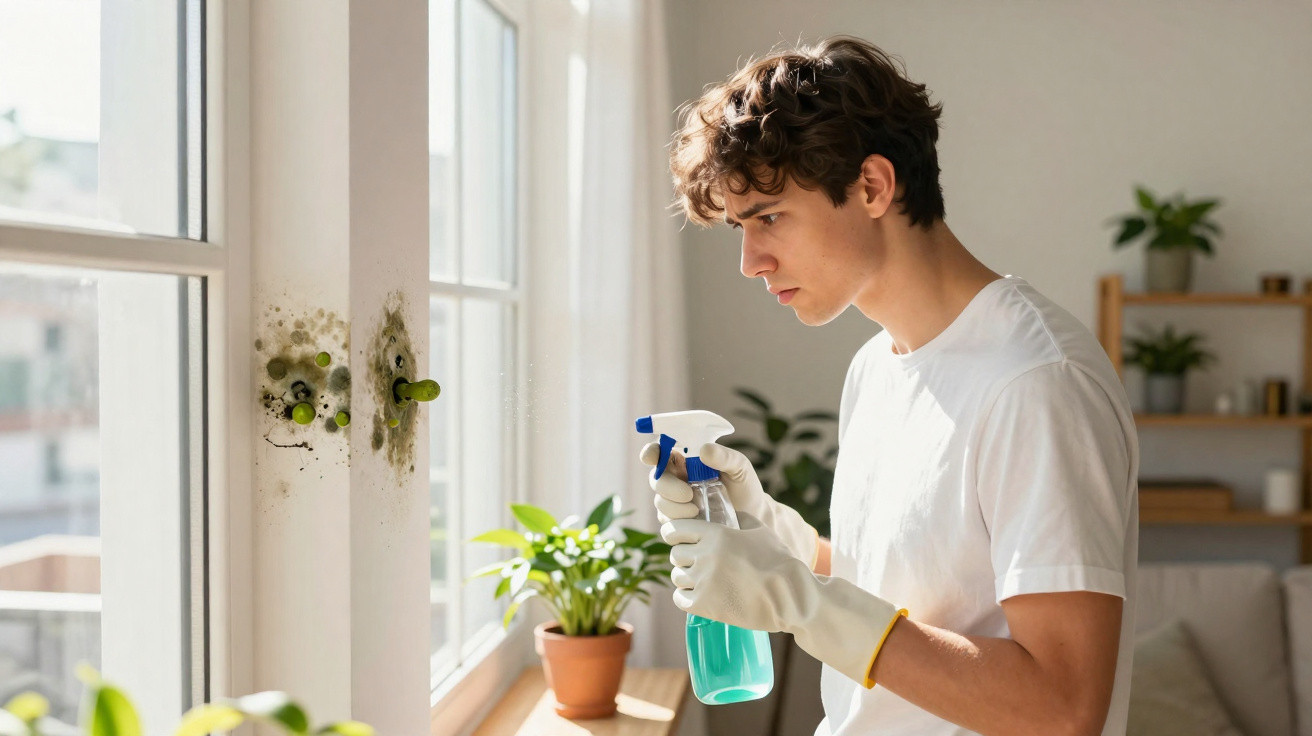 Homem com luvas limpando mofo em vidro de janela com borrifador azul em ambiente claro e plantas.