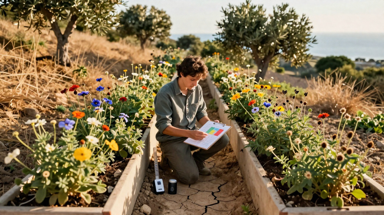 Pessoa agachada analisa plantas coloridas em canteiros elevados ao ar livre, com equipamentos de medição.