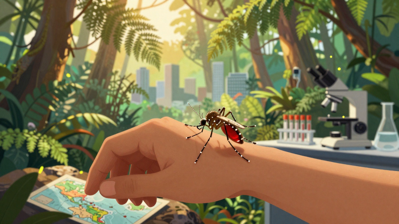 Mão humana com mosquito Aedes aegypti pousado, fundo com floresta e laboratório científico.