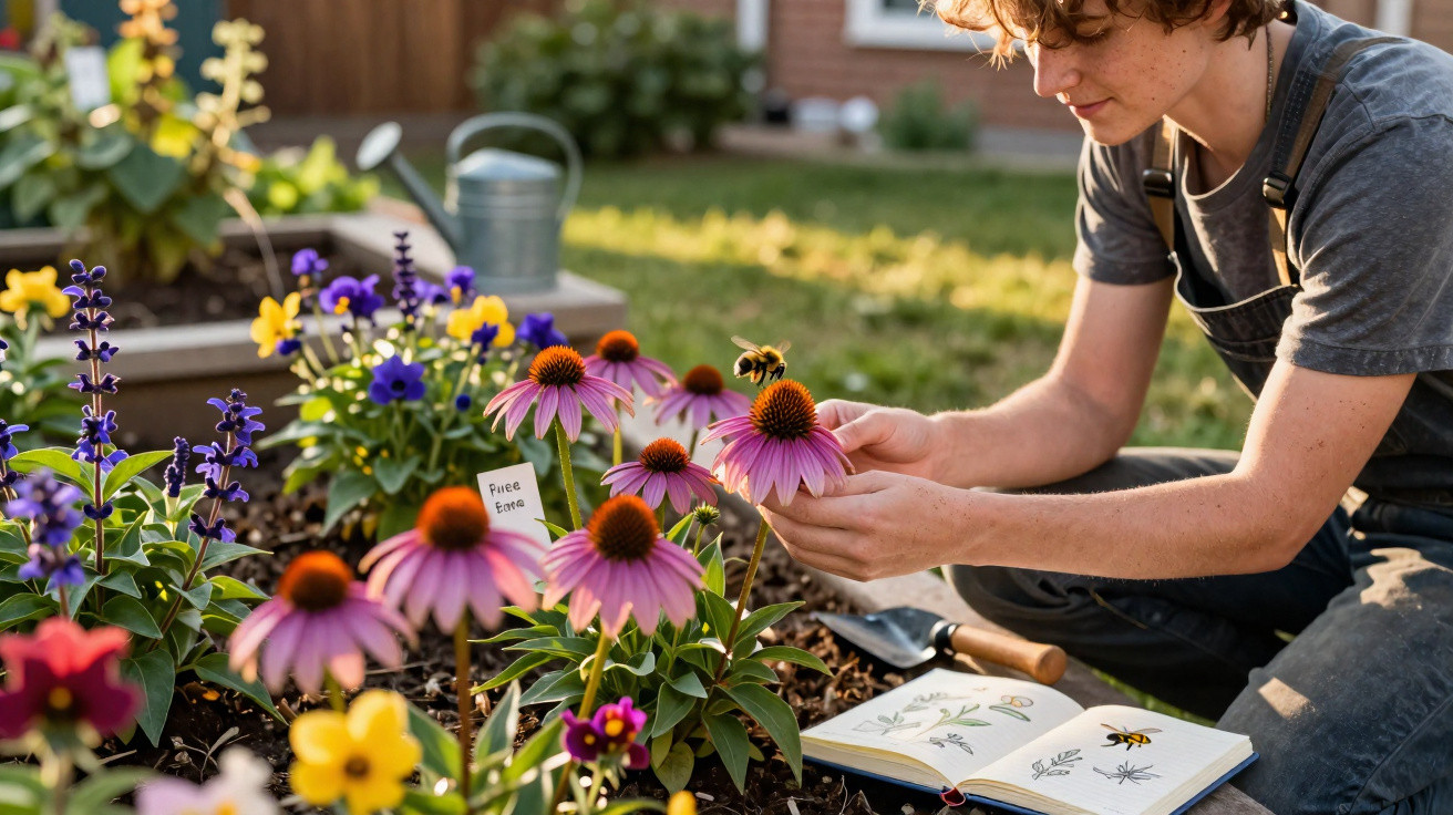 Pessoa examinando flores roxas em um jardim com livro aberto e vasos ao redor em dia ensolarado.