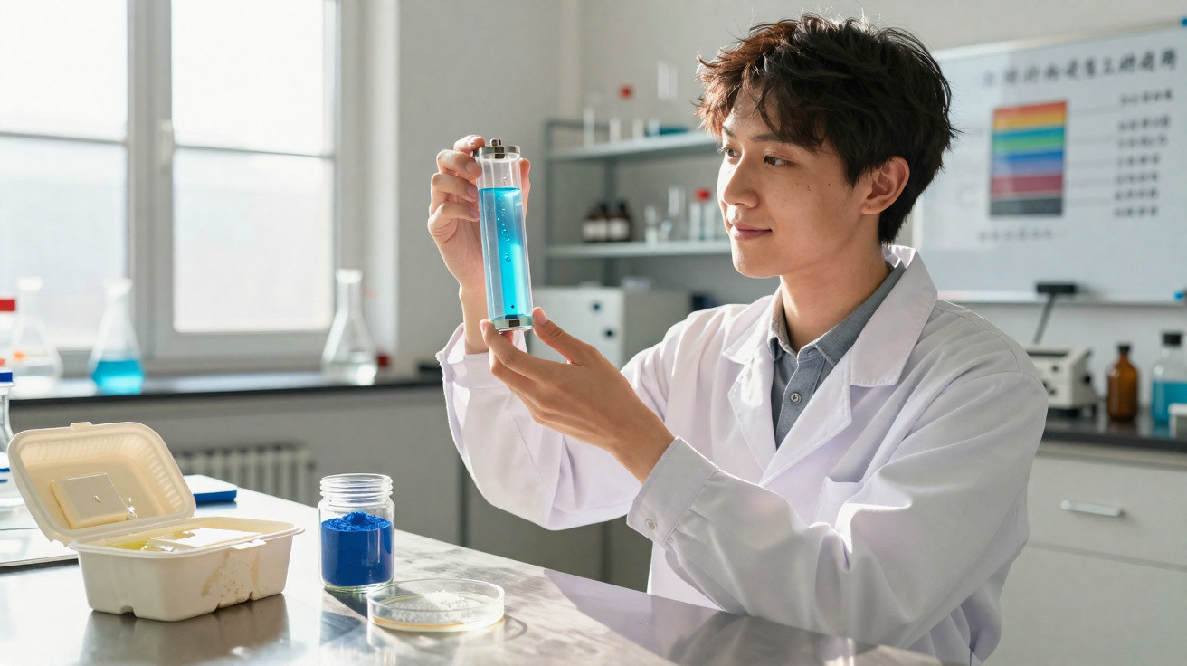 Jovem cientista segurando tubo de ensaio com líquido azul em laboratório iluminado por janela.