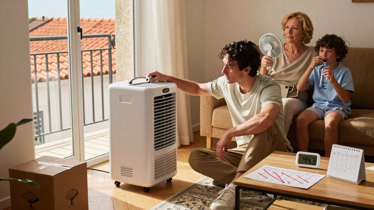 Homem liga aparelho de ar condicionado portátil enquanto idosa usa ventilador de mão e criança bebe água.
