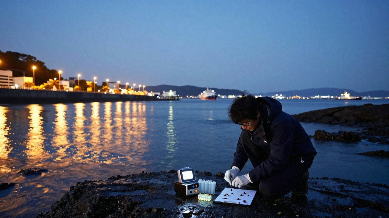 Pesquisador com luvas coleta amostras em área rochosa à beira-mar durante o anoitecer, com luzes de barcos ao fundo.