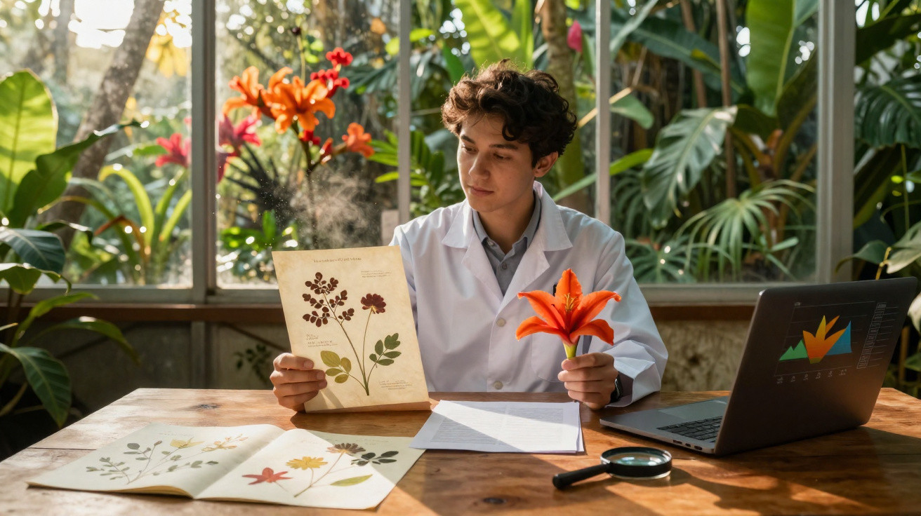 Jovem cientista observa desenho botânico enquanto segura flor laranja em sala com plantas e laptop.