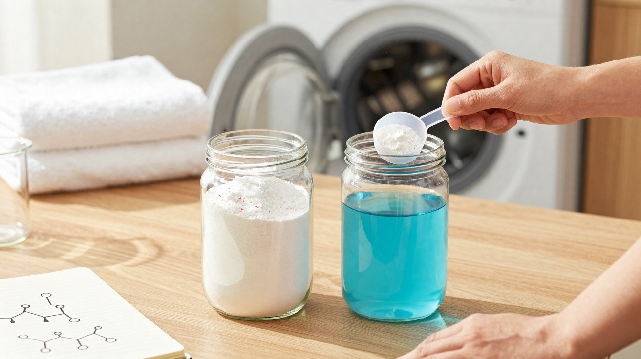 Pessoa colocando detergente em pó em jarra com líquido azul para lavar roupa, máquina de lavar ao fundo.