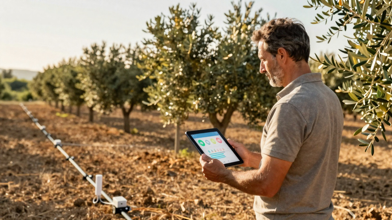 Homem em plantação de oliveiras usando tablet para monitorar dados agrícolas.
