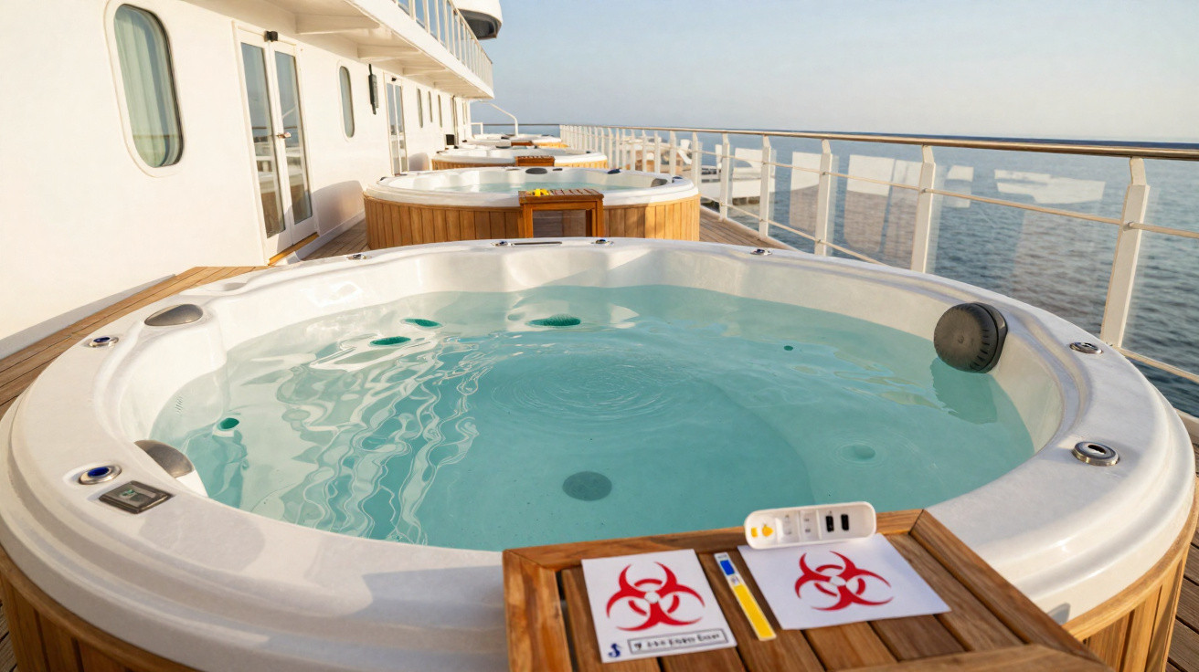 Jacuzzi vazia em um navio com placas de risco biológico e acessórios sobre uma mesa de madeira.