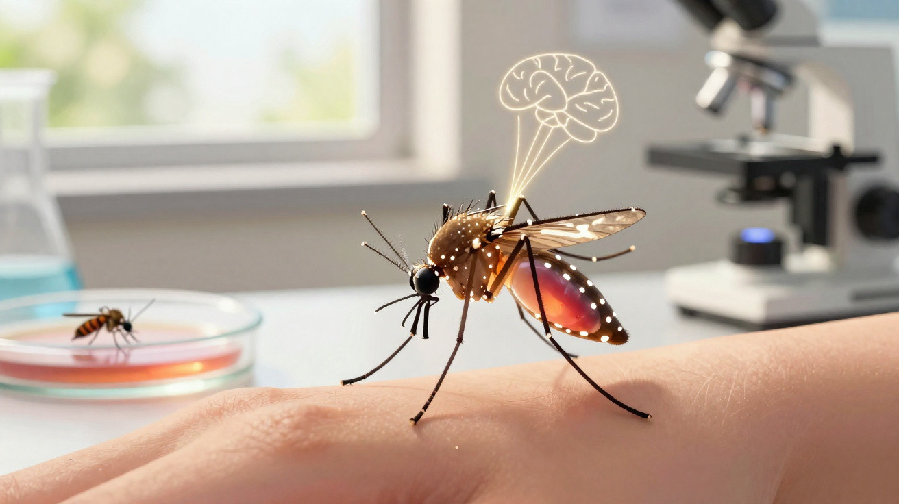 Mosquito sobre mão humana com ilustração de cérebro, em ambiente de laboratório com microscópio.