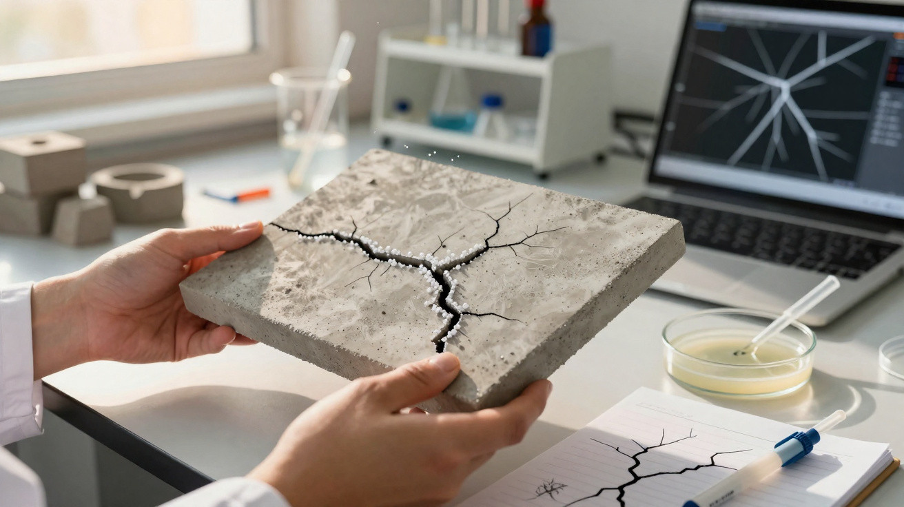 Pesquisador segurando placa de concreto com rachaduras e partículas brancas em laboratório.