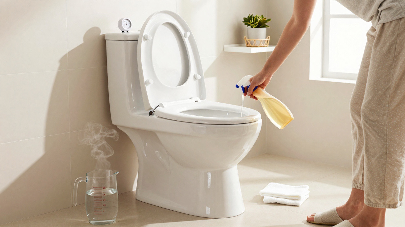 Pessoa aplicando produto de limpeza em vaso sanitário branco em banheiro iluminado e organizado.