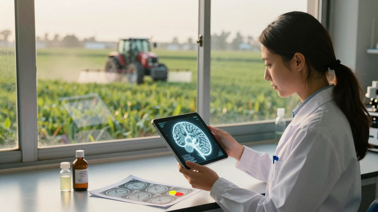 Mulher cientista analisando imagem digital do cérebro com campo agrícola e trator ao fundo.