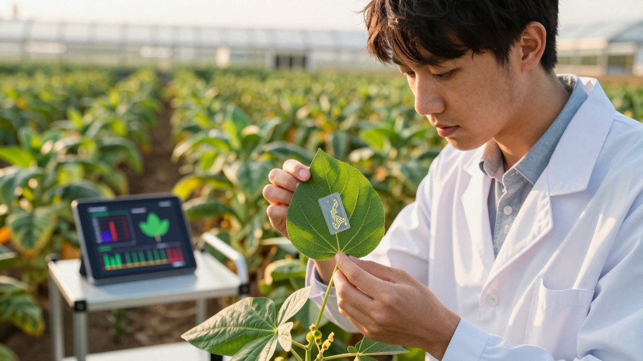 Jovem cientista em estufa aplica sensor eletrônico em folha para monitoramento agrícola digital.