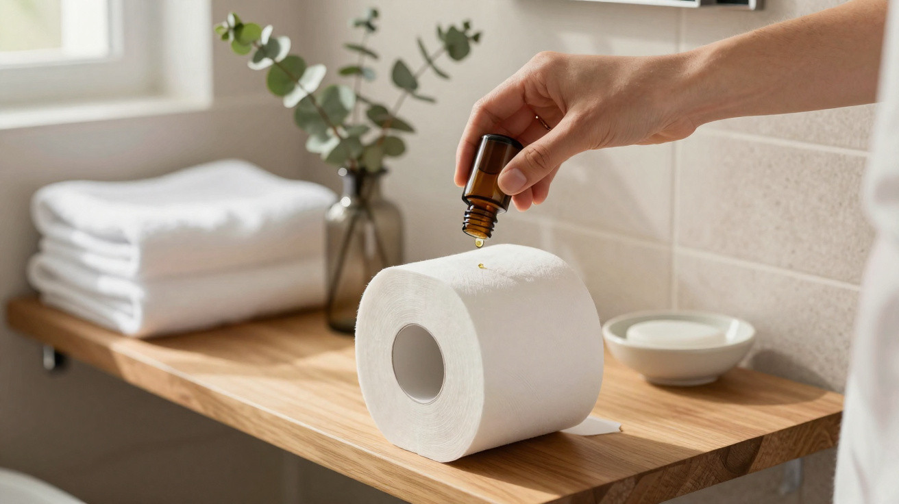 Mão pingando óleo essencial em um papel higiênico sobre prateleira de madeira com toalhas dobradas.