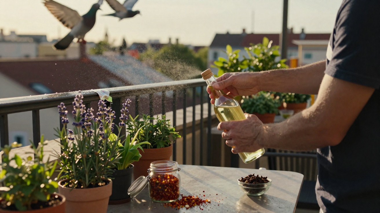 Pessoa segurando garrafa de óleo junto a plantas em vasos no parapeito de varanda ao entardecer.
