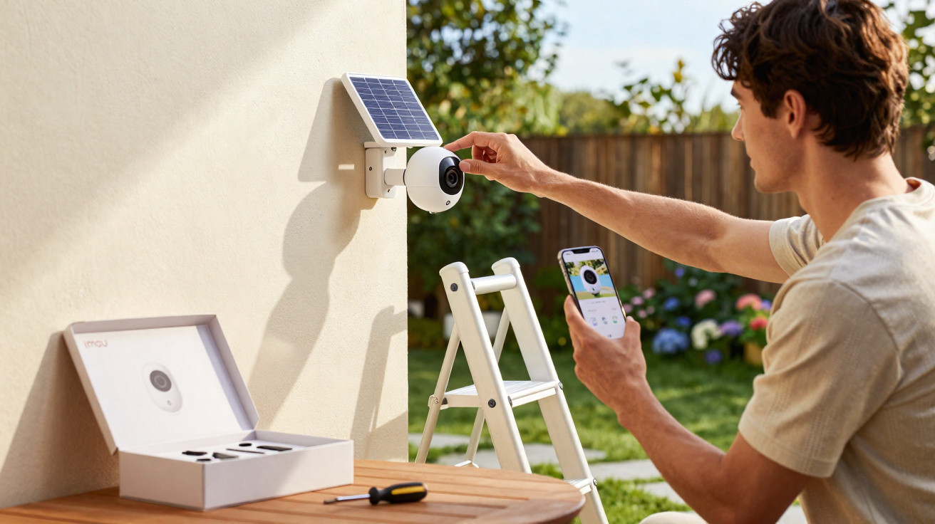 Homem instalando câmera de segurança solar em parede externa com celular na mão e caixa do produto na mesa.