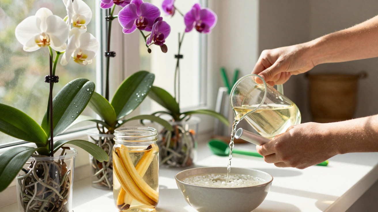Mãos despejando água em tigela com arroz, perto de vasos com orquídeas roxas e brancas.