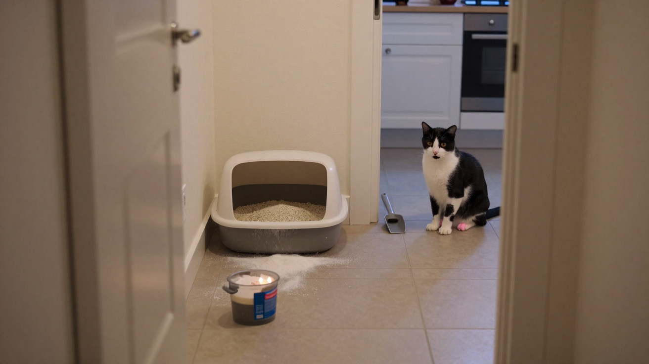 Gato preto e branco perto da caixa de areia e de uma vasilha com areia derramada no chão da cozinha.