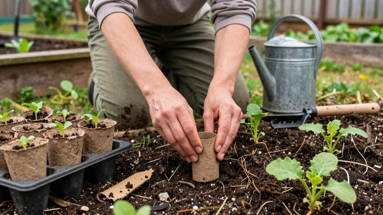 Pessoa plantando muda em vaso biodegradável em canteiro de terra com regador e pá ao fundo.