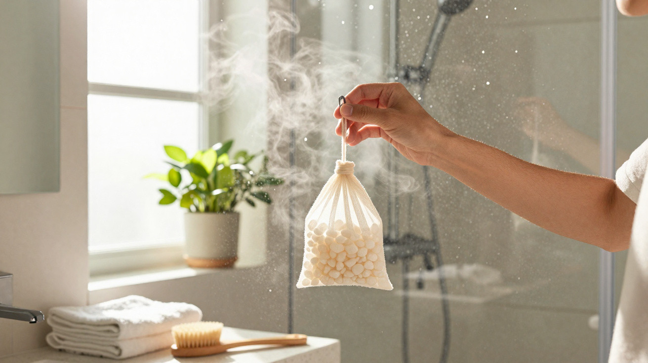 Mão segurando sachê perfumado que libera vapor em banheiro claro com planta e toalhas ao fundo.