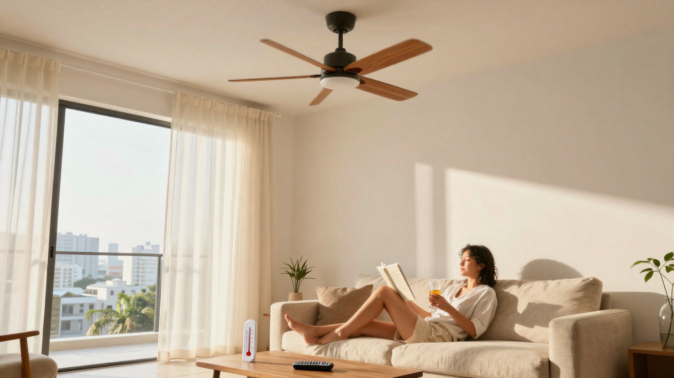 Mulher relaxando na sala de estar, lendo um livro e segurando um copo, com luz do sol entrando pela janela.