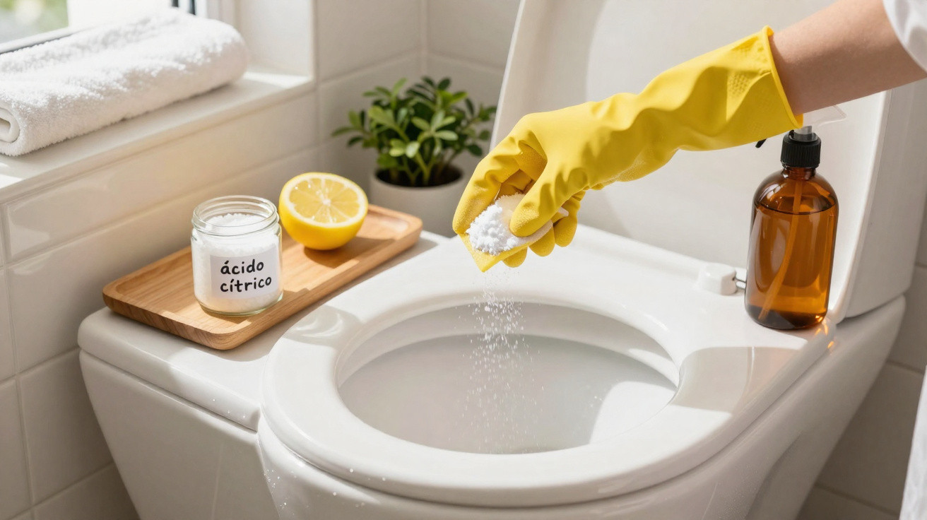 Pessoa com luva amarelo despejando ácido cítrico em pó para limpar vaso sanitário branco.