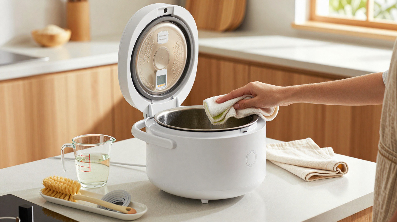 Pessoa limpando panela interna de panela elétrica de arroz branca em cozinha moderna clara.