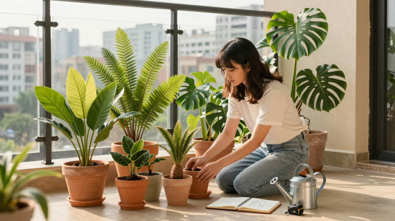 Mulher cuidando de plantas em vasos variados em varanda com regador e caderno ao lado.