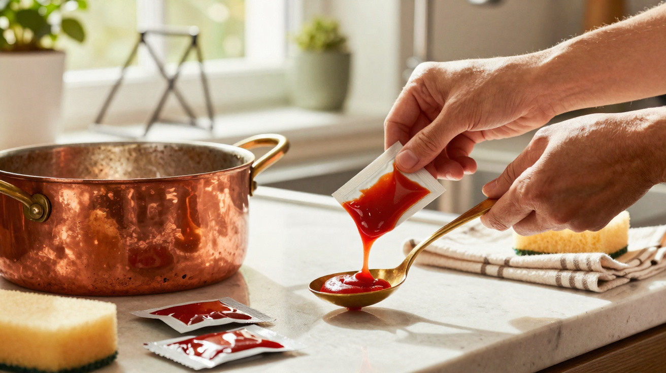 Pessoa despejando molho de tomate em colher ao lado de panela de cobre na cozinha iluminada.