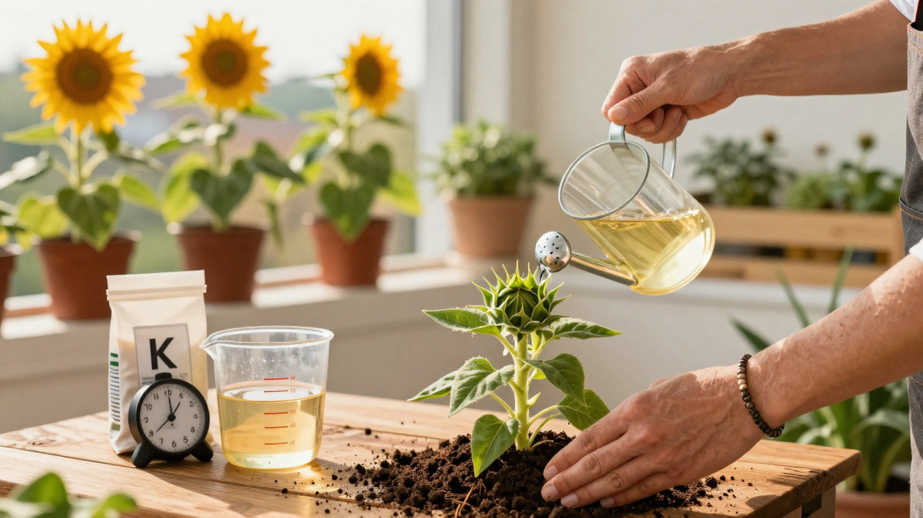 Pessoa regando pequena planta de girassol em vaso, com quatro girassóis maiores ao fundo sobre a mesa.