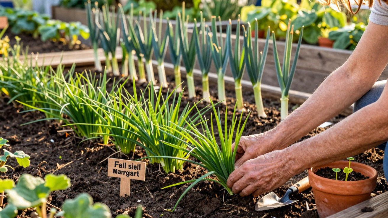 Pessoa cuidando de mudas de plantas verdes em canteiro de terra em jardim.