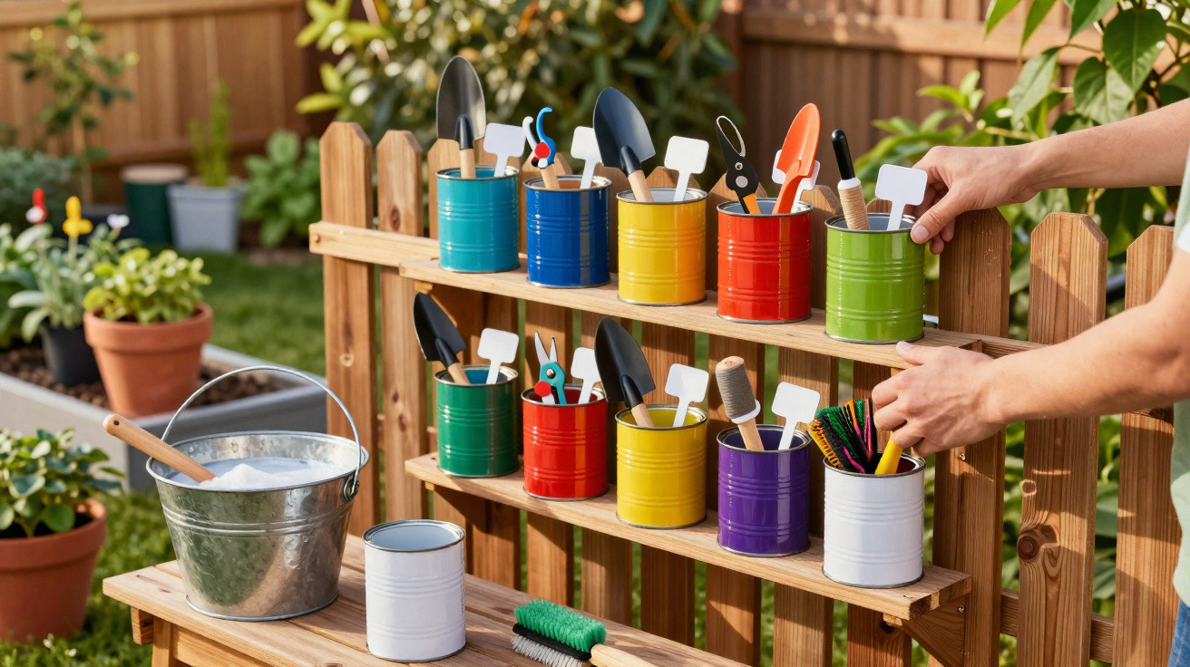 Mãos organizando latas coloridas com ferramentas de jardinagem e etiquetas em uma prateleira de madeira ao ar livre.