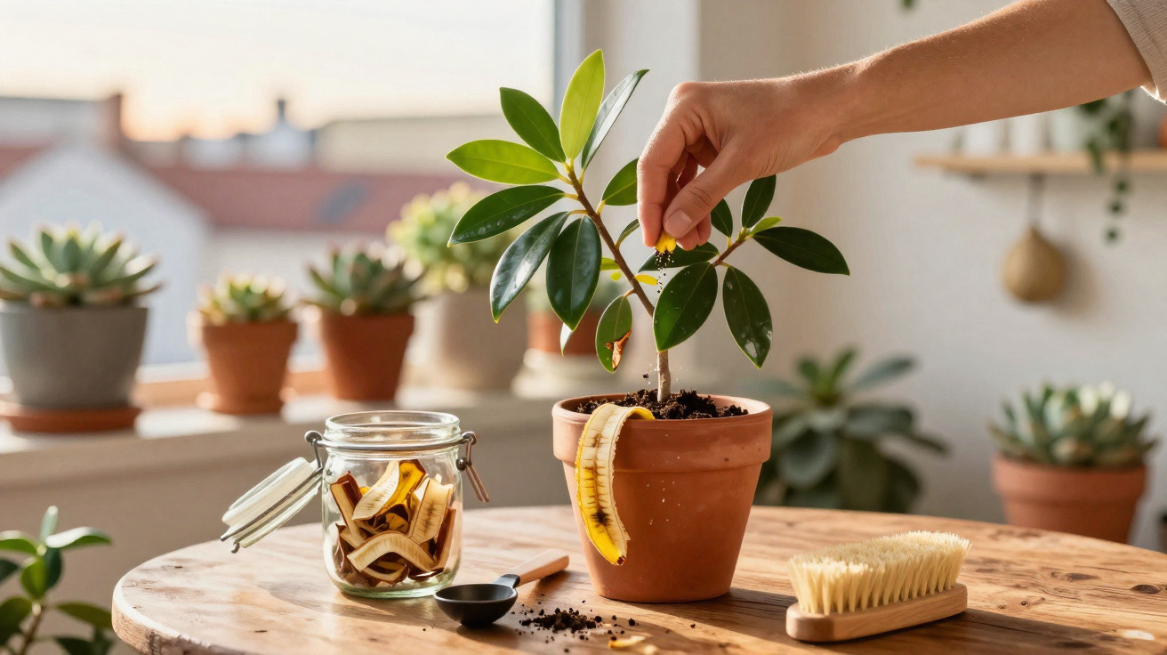 Mão regando planta em vaso com casca de banana, jarro com cascas e escova sobre mesa de madeira.