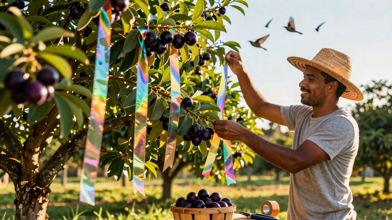 Homem com chapéu colhendo jabuticabas em árvore decorada com fitas coloridas no pomar.