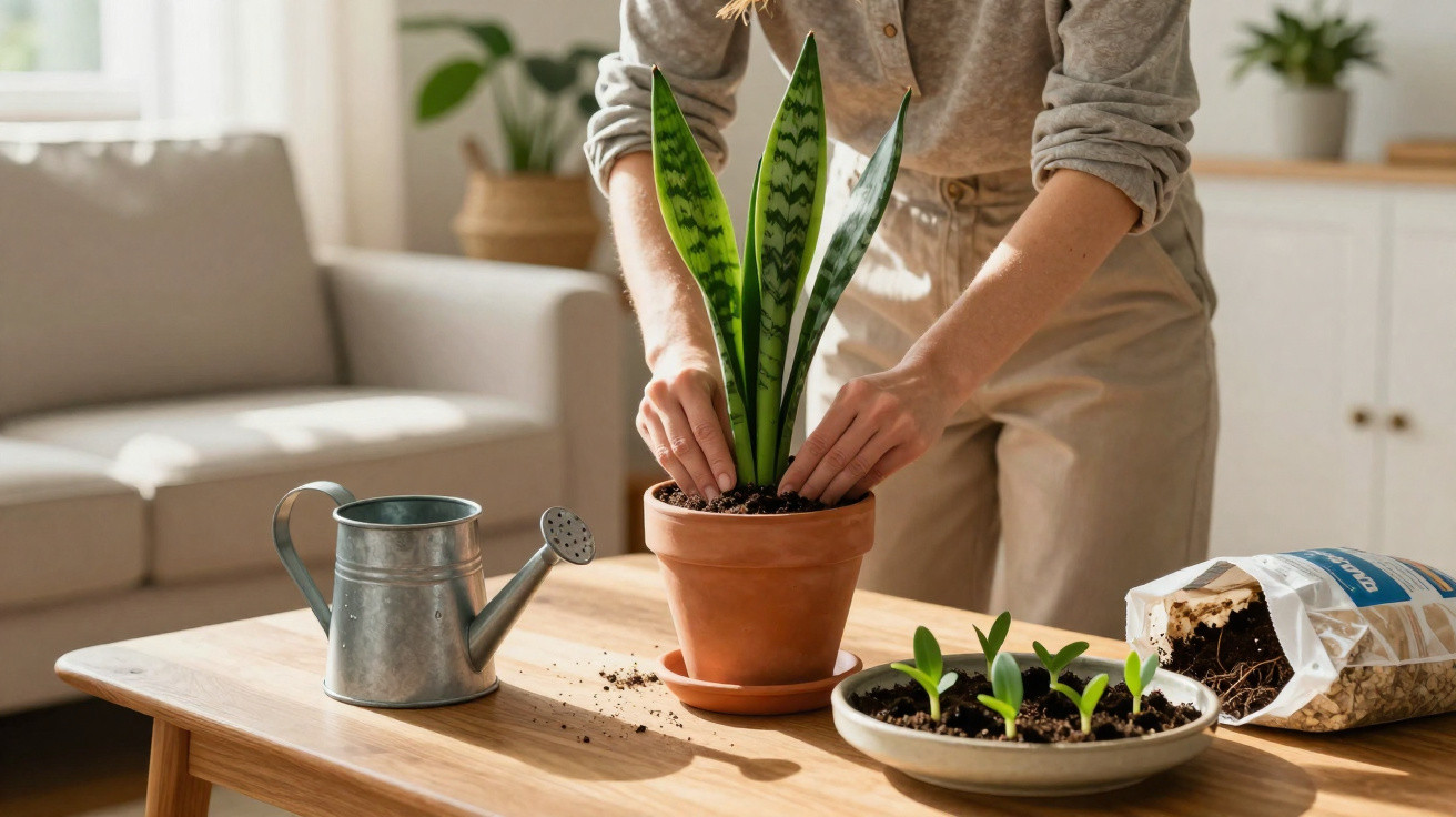 Pessoa cuidando de planta em vaso de barro sobre mesa de madeira com regador e mudas.