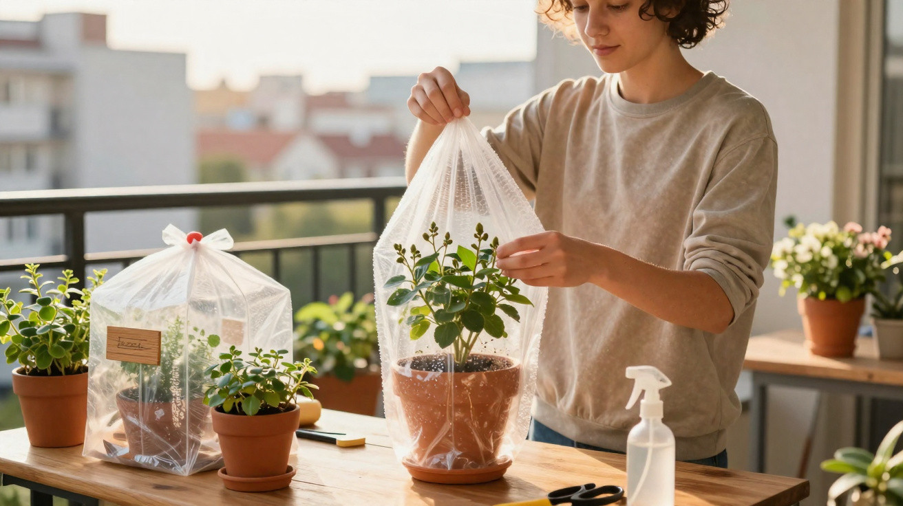 Pessoa protegendo planta em vaso com saco plástico transparente em varanda iluminada pelo sol.
