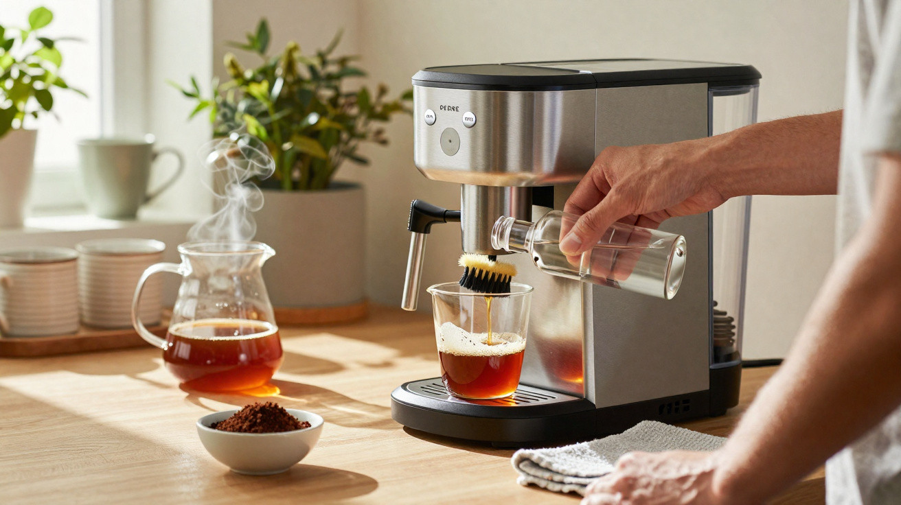Pessoa preparando café com máquina espresso em cozinha iluminada por luz natural.